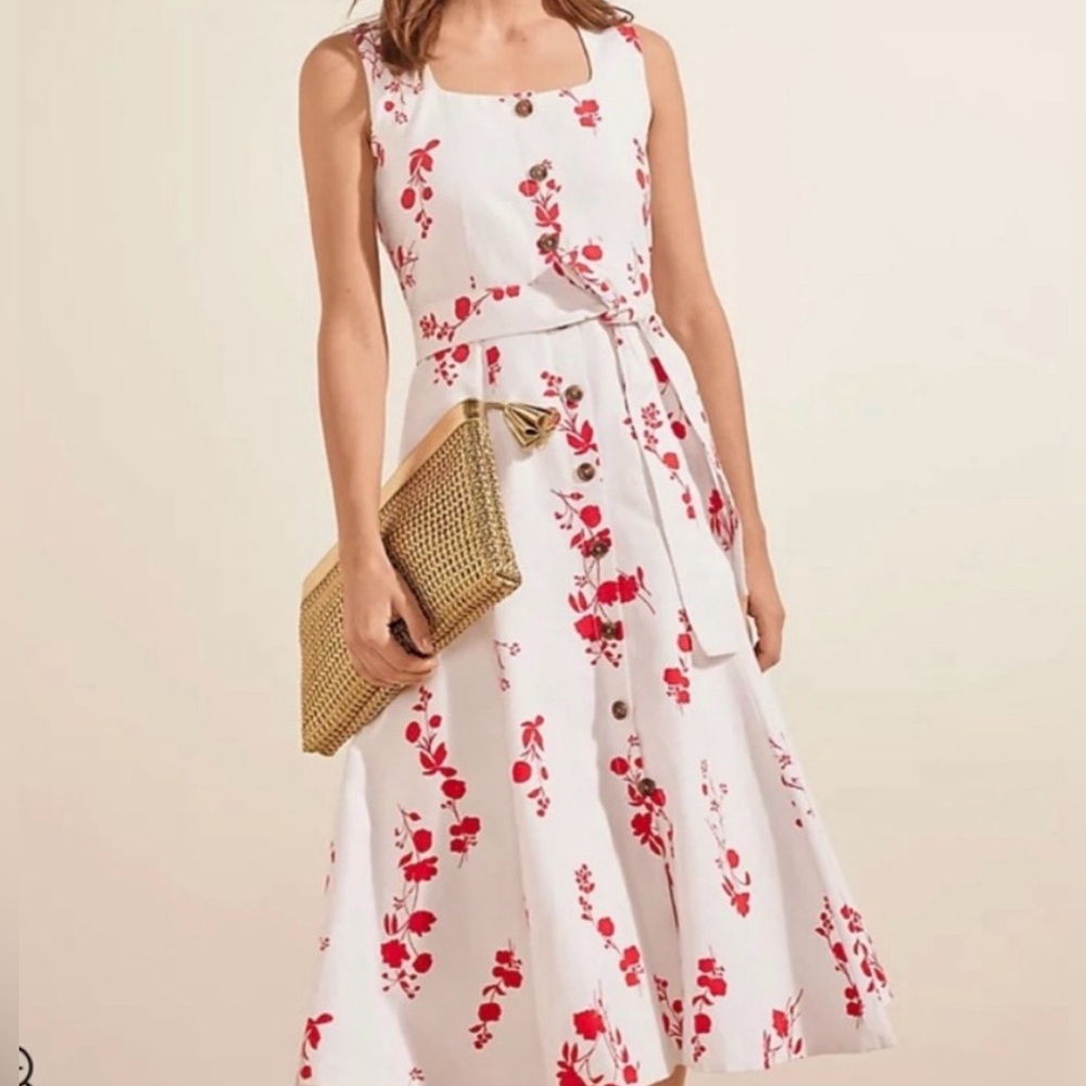 Ann Taylor NWT white and red linen-blend  floral midi-dress